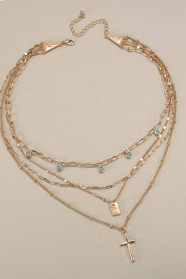 Boho Layer Cross Turq Charm Necklace