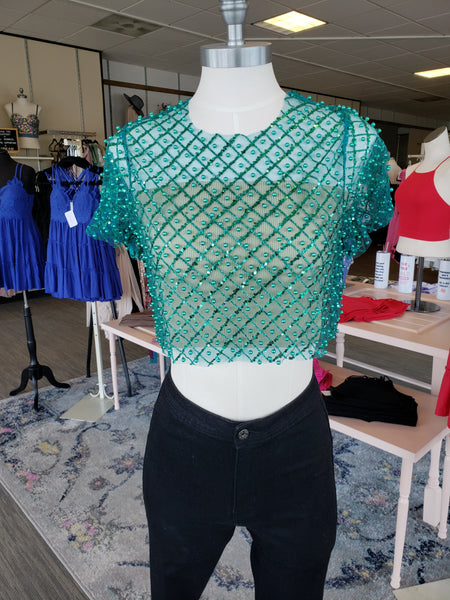 Green Sequin & Glitter Mesh Crop Top