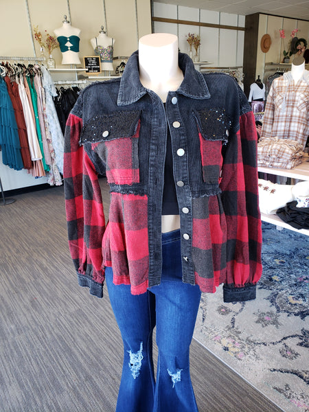 Buffalo Plaid Cord Sequin Acid Wash Shacket