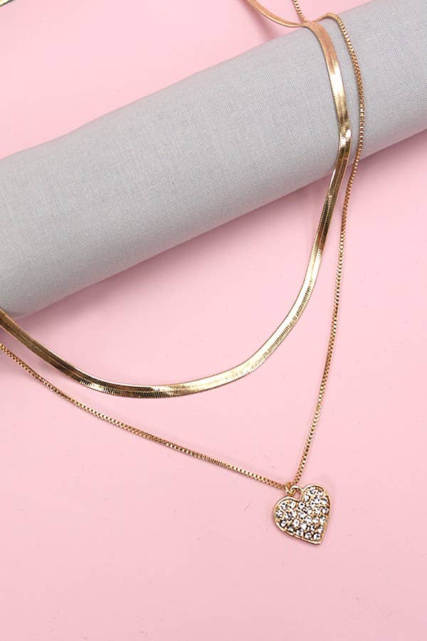 Gold DBL Layer Rhine Heart Necklace