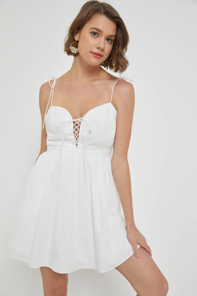 White Pintuck Lace Up Mini Dress