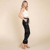 Black Faux Leather Drawstring Waist Pocketed Cargo Pants