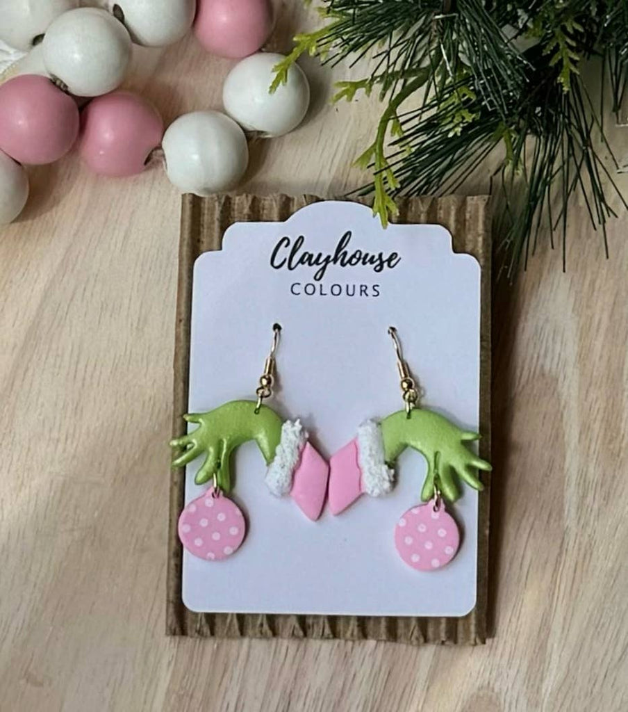 Pink Green Hand Clay Earrings