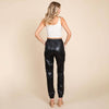 Black Faux Leather Drawstring Waist Pocketed Cargo Pants