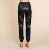 Black Faux Leather Drawstring Waist Pocketed Cargo Pants