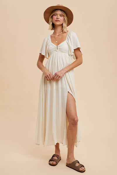 Cream Linen Tencel Flutter Sleeve Maxi Dress