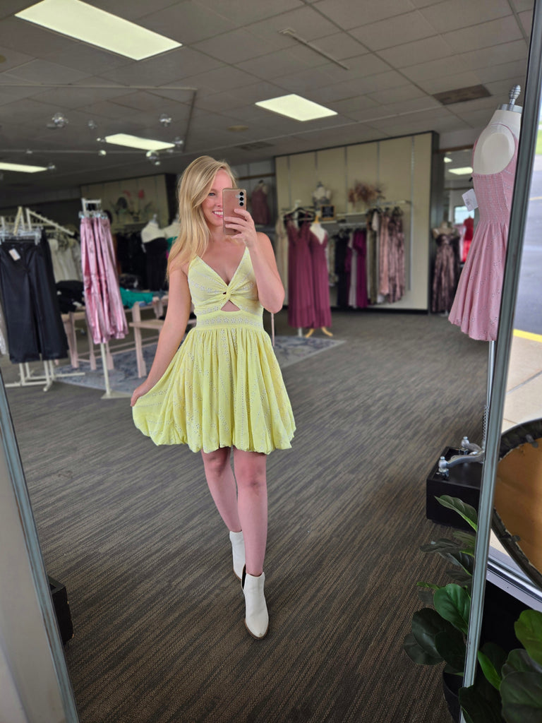 Yellow Eyelet Lace Front Twist Bubble Dress