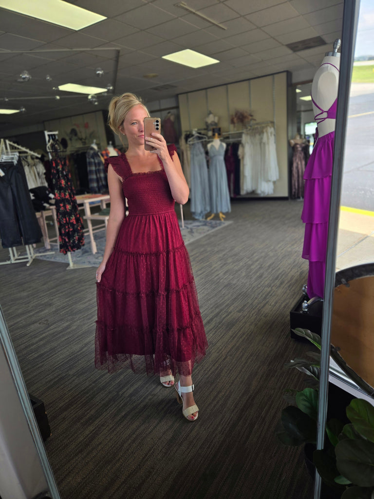 Burgundy Tulle Smoked Midi Dress