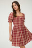 Burgundy/Tan Plaid Smocked Mini Dress