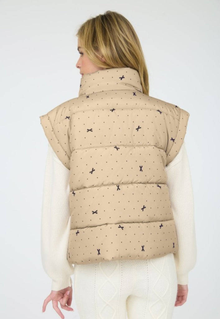 Light Khaki Polka Dot & Bow Puffer Vest