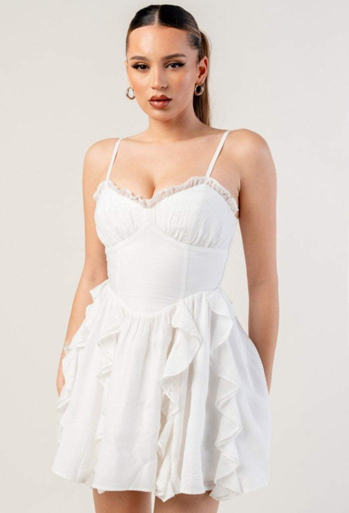 White Crinkle Ruffle Mini Dress