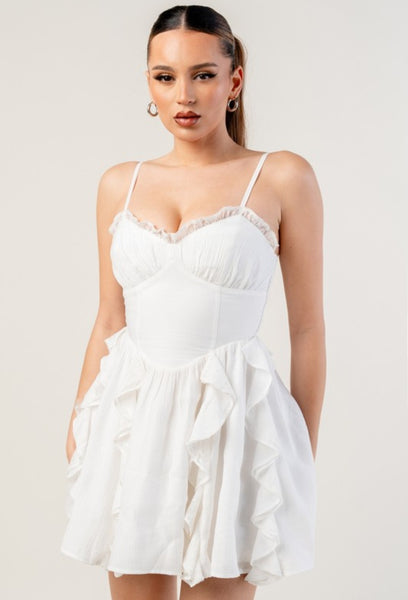 white ruffled mini dress ASTR the Label | Sheralle Tier Bubble Hem in Off Available in white AE Lace Handkerchief Hem Ruffle