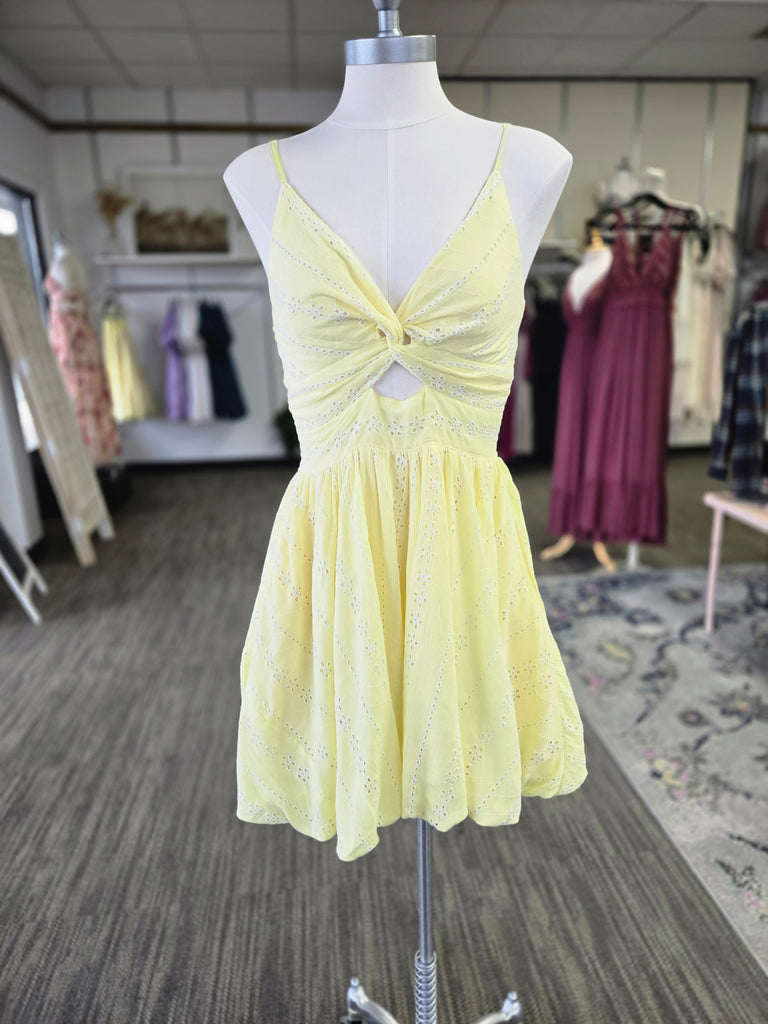 Yellow Eyelet Lace Front Twist Bubble Dress
