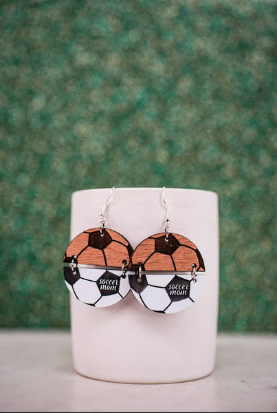 Acrylic & Wood Soccer Ball Mom Circle Duo Dangles