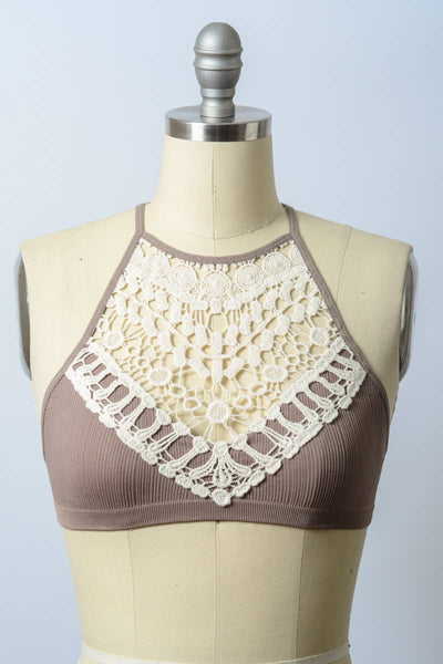 Mocha Crochet Lace High Neck Bralette