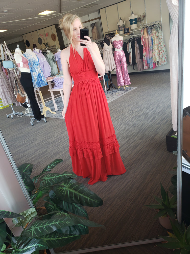 Red Halter Maxi Dress