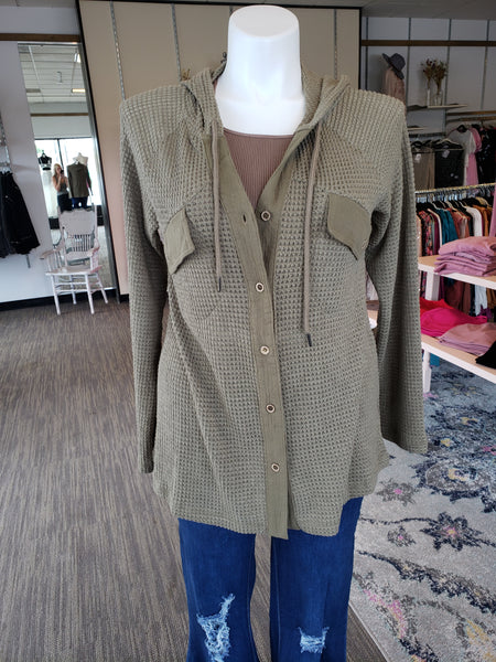 Olive Casual Hooded Waffle Button Up Top S-3XL