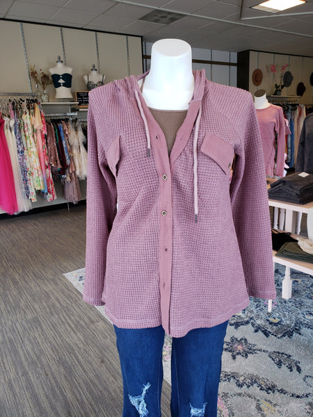 Mauve Casual Hooded Waffle Button Up Top S-3XL