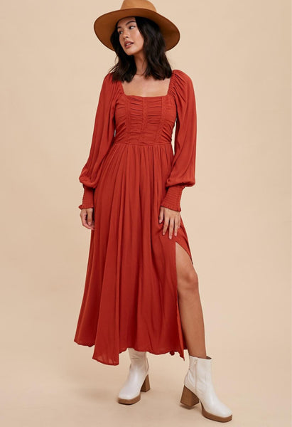 Rust Ruched Bodice Maxi Dress