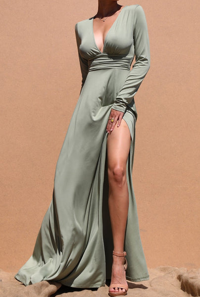 Olive Long Sleeve V-Neck Maxi Dress With Slit