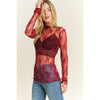 Burgundy Black Mesh Lace High Neck Long Sleeve Fitted Top