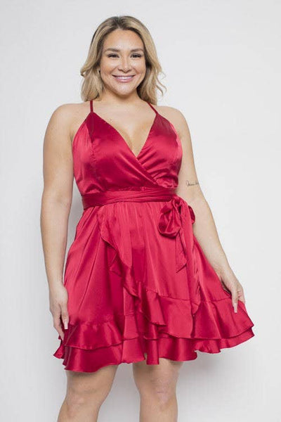 Curvy Red Satin Ruffle Mini Dress