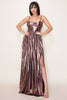 Brown Foil Slit Front Shirring Pleated Detail Dress
