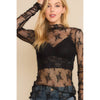 Black Mesh Lace High Neck Long Sleeve Fitted Top