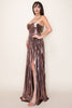 Brown Foil Slit Front Shirring Pleated Detail Dress