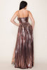 Brown Foil Slit Front Shirring Pleated Detail Dress