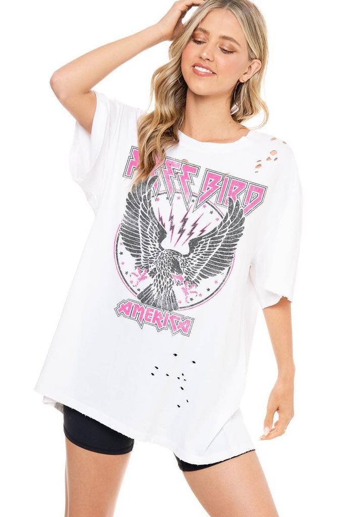 White Free Bird Oversized Distressed Tee