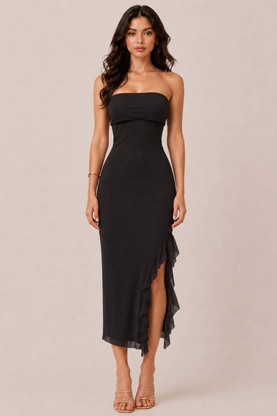 Black Strapless Mesh Midi Dress