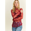 Burgundy Black Mesh Lace High Neck Long Sleeve Fitted Top