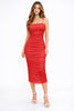 Red Coral Mesh Ruched Midi Dress