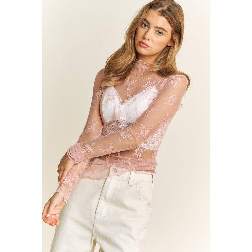 Pink Mesh Lace High Neck Long Sleeve Fitted Top