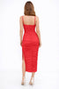 Red Coral Mesh Ruched Midi Dress