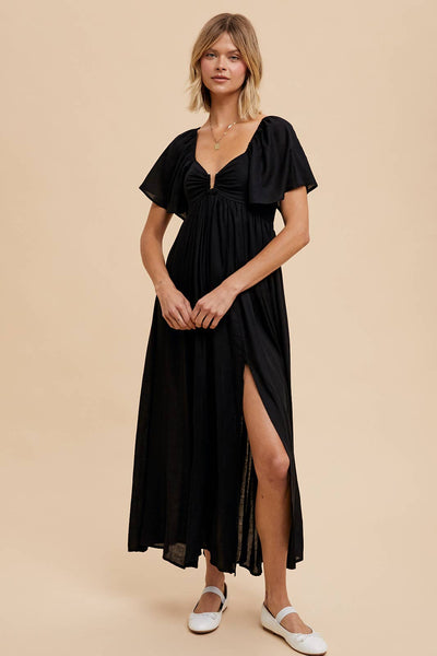 Black Linen Tencel Flutter Sleeve Maxi Dress