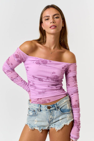 Mauve Floral Off Shoulder Mesh Top
