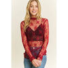 Burgundy Black Mesh Lace High Neck Long Sleeve Fitted Top