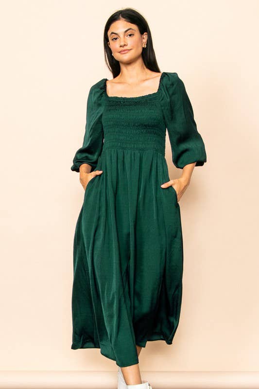 hunter green midi dress Plus Hunter Green Satin Smocked Midi Dress 2XL