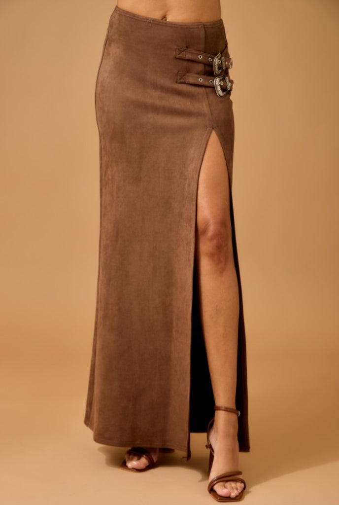 Brown Suede Buckle Maxi Skirt