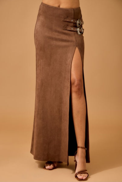 Brown Suede Buckle Maxi Skirt