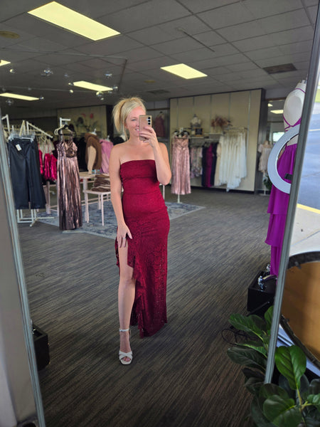 Burgundy Lace Ruffle Slit Maxi Dress