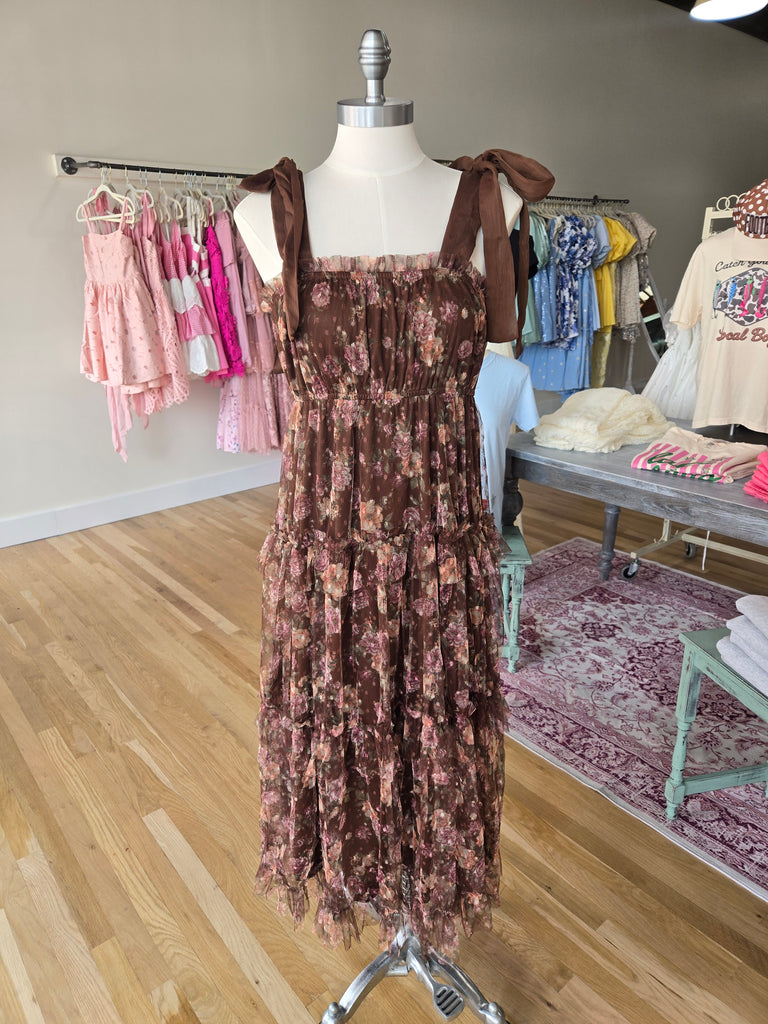 Brown Floral Bow Detail Midi Dress