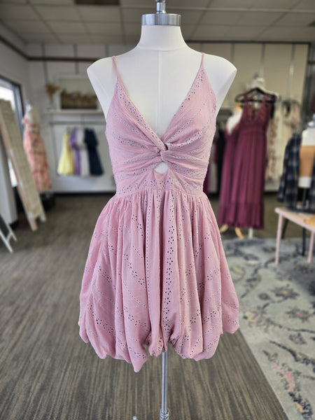Pink Eyelet Lace Front Twist Bubble Dress