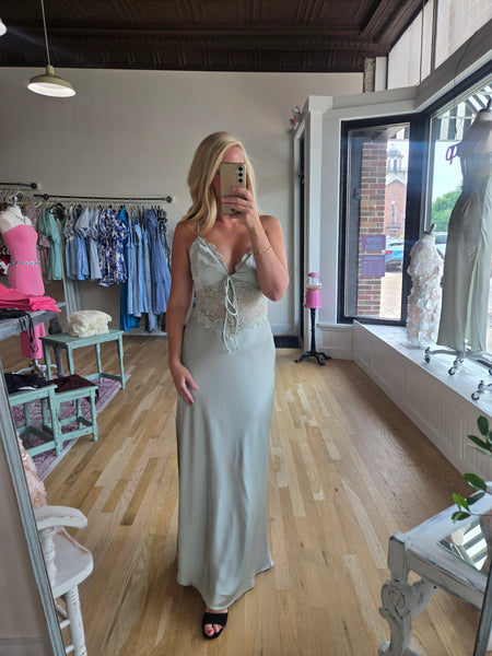 Lt Sage Satin Lace Detail Maxi Dress
