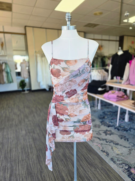 Taupe Floral Mesh Ruched Mini