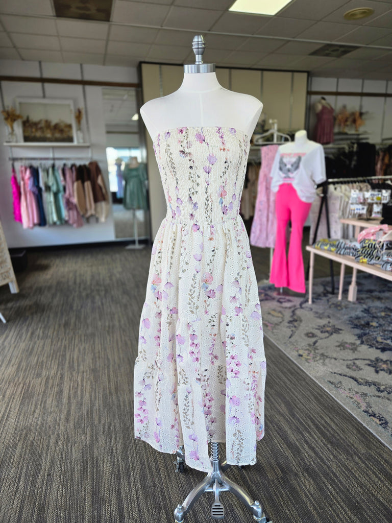 Yellow Floral Strapless Midi Dress