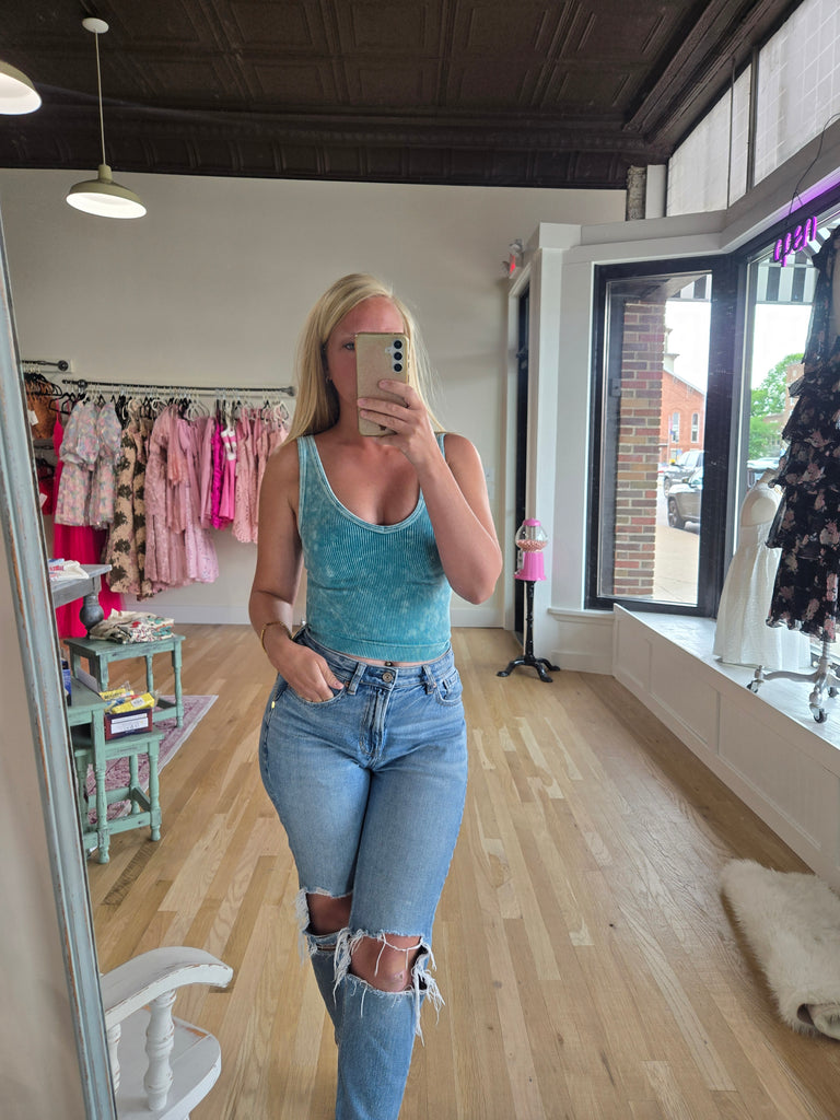 Lt Teal 2 Way Washed Ribbed Crop Tank