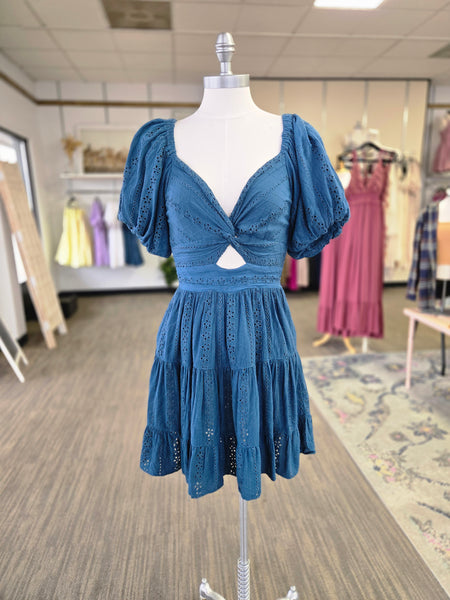 Teal Eyelet Lace Front Twist Mini Dress